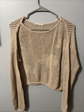 Open-Knit Scoop Neck Sweater in Light Beige